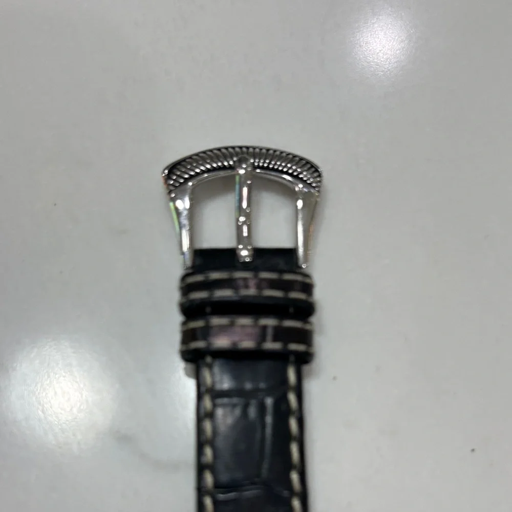 Black Leather Strap Women's Oval Silver-Tone Watch